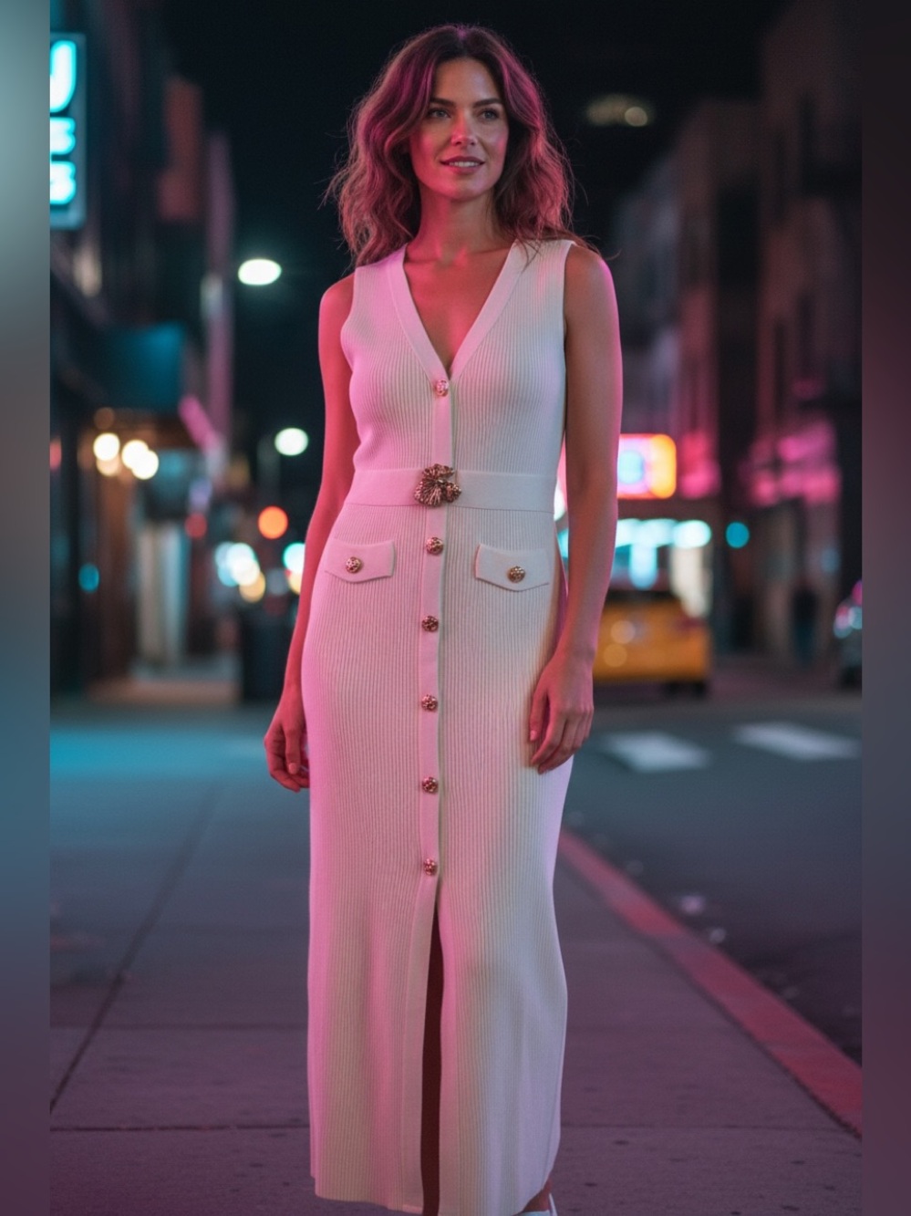 Sleeveless Cream Button-Front Maxi Dress with Decorative Buttons